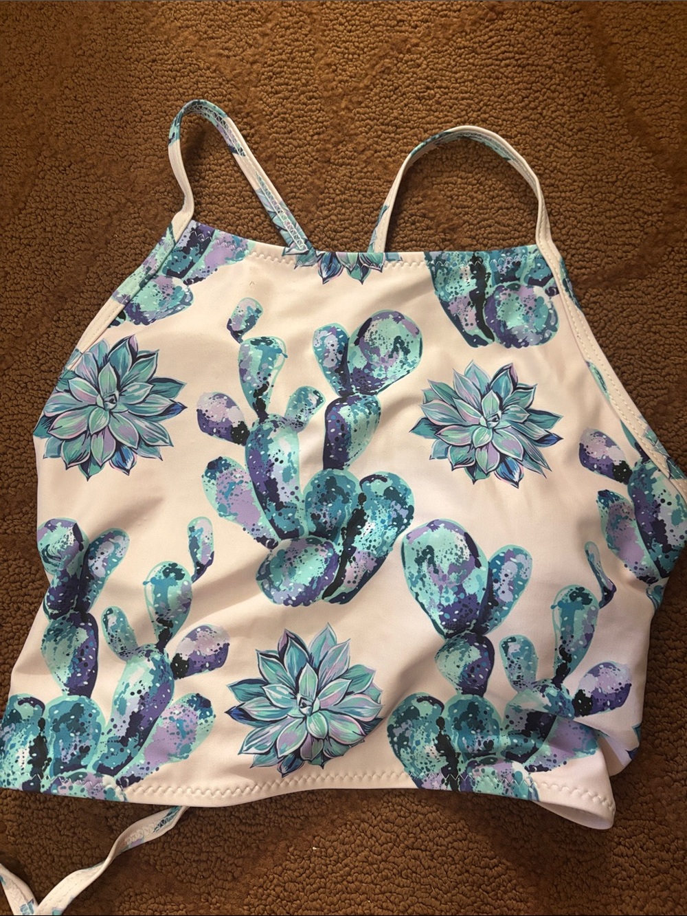 Succulent Print High Neck Crop Swim Top- Teal & Purple
